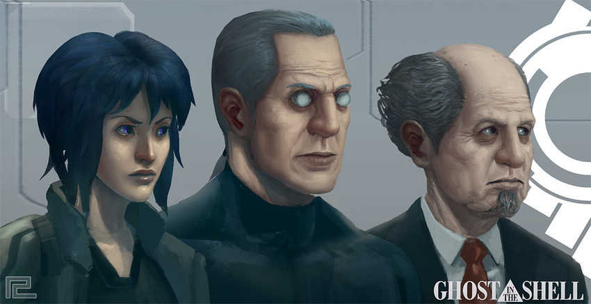 2boys aramaki_daisuke batou blue_eyes blue_hair copyright_name formal ghost_in_the_shell grey_hair kusanagi_motoko looking_to_the_side multiple_boys necktie