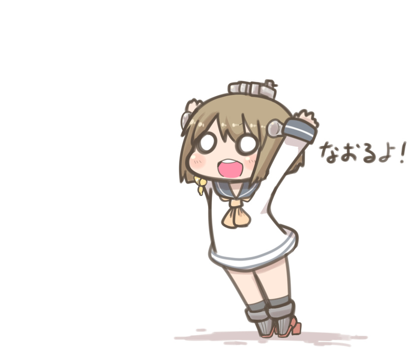 arms_up bangs blush_stickers brown_hair chibi dress headgear inishie kantai_collection o_o open_mouth sailor_dress short_hair sleeves_past_wrists solo translated yukikaze_(kantai_collection)