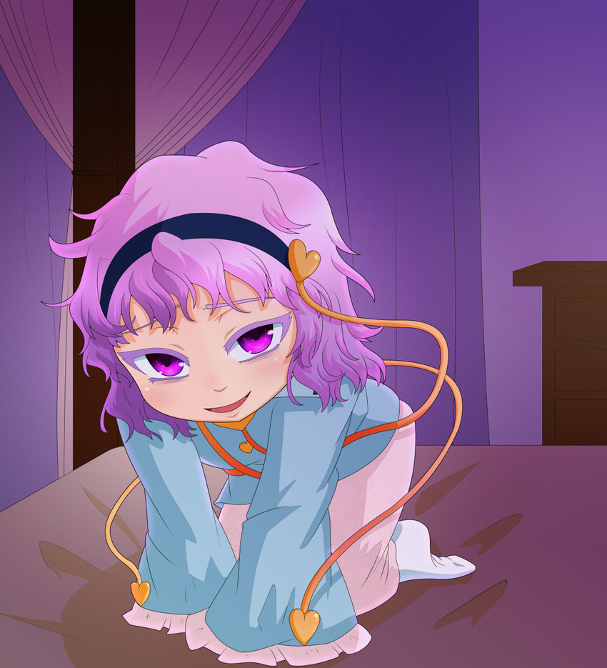 all_fours ann_momitsu bed blouse canopy_bed chest_of_drawers commentary_request curtains frilled_sleeves frills headband heart highres komeiji_satori lavender_hair long_sleeves looking_at_viewer no_shoes on_bed parted_lips pink_eyes short_hair skirt sleeves_past_wrists solo touhou