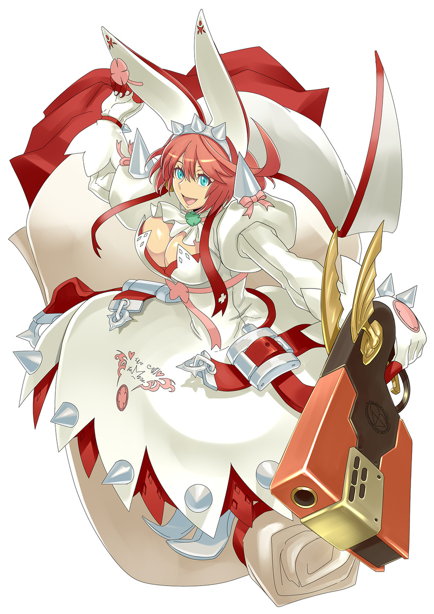 :d blue_eyes blush breasts cleavage cleavage_cutout clover dress earrings elphelt_valentine four-leaf_clover gloves guilty_gear guilty_gear_xrd hairband highres ippo jewelry large_breasts open_mouth pink_hair short_hair smile solo spikes veil weapon