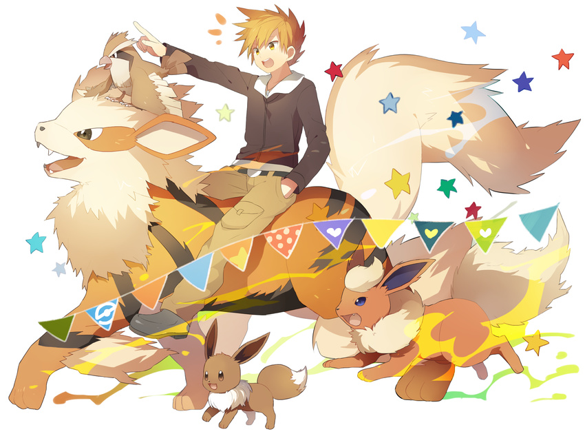 arcanine brown_hair eevee fangs flareon gen_1_pokemon hand_in_pocket heart heiwa_(murasiho) highres ookido_green open_mouth pidgeotto pointing pokemon pokemon_(creature) pokemon_(game) pokemon_hgss riding smile spiked_hair star yellow_eyes