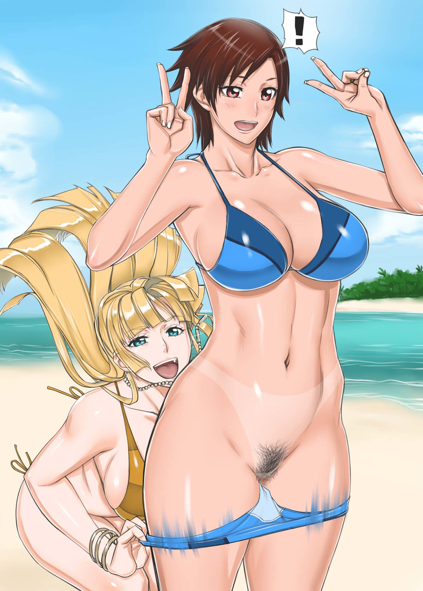 assisted_exposure beach bikini bikini_pull blonde_hair breasts brown_eyes brown_hair censored cleavage cloud day double_v green_eyes highres kazama_asuka large_breasts lili_(tekken) midou_tsukasa multiple_girls navel ocean outdoors pubic_hair pussy short_hair sky smile standing swimsuit tan tanline tekken v water