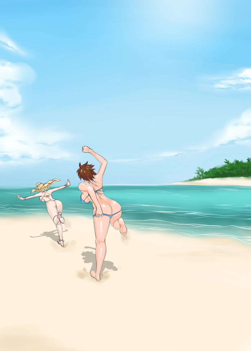 ass barefoot beach bikini bikini_pull blonde_hair breasts brown_hair cloud day highres kazama_asuka large_breasts lili_(tekken) midou_tsukasa multiple_girls ocean outdoors outstretched_arms running sandals short_hair sideboob sky spread_arms swimsuit tekken thong_bikini water