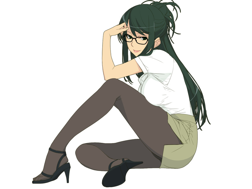 black-framed_eyewear black_hair black_legwear breasts full_body glasses green_eyes hair_bun high_heels highres ino kisaragi_rei large_breasts long_hair looking_at_viewer miniskirt otome_function panties panties_under_pantyhose pantyhose pencil_skirt simple_background skirt smile solo underwear white_background