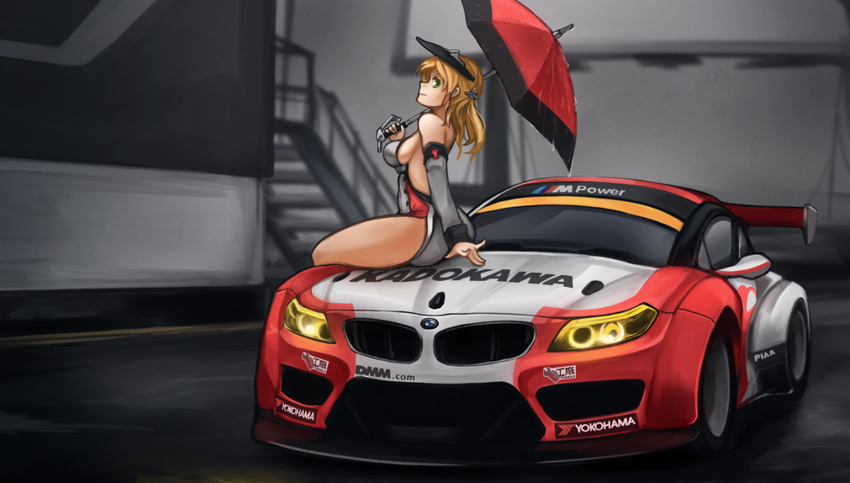 1girl arceonn bare_shoulders blonde_hair bmw bmw_z4 breasts car detached_sleeves from_side green_eyes hair_ornament hairclip headgear kantai_collection long_hair motor_vehicle parasol prinz_eugen_(kantai_collection) race_queen sideboob sitting sitting_on_car smile solo umbrella vehicle