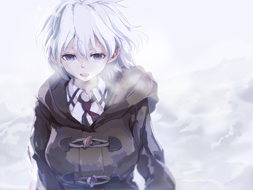 bad_id bad_pixiv_id breath coat from_above highres kosegawa_shiromi miyamori_school_uniform open_mouth purple_eyes saki short_hair solo white_hair winter_clothes yaku_yojino