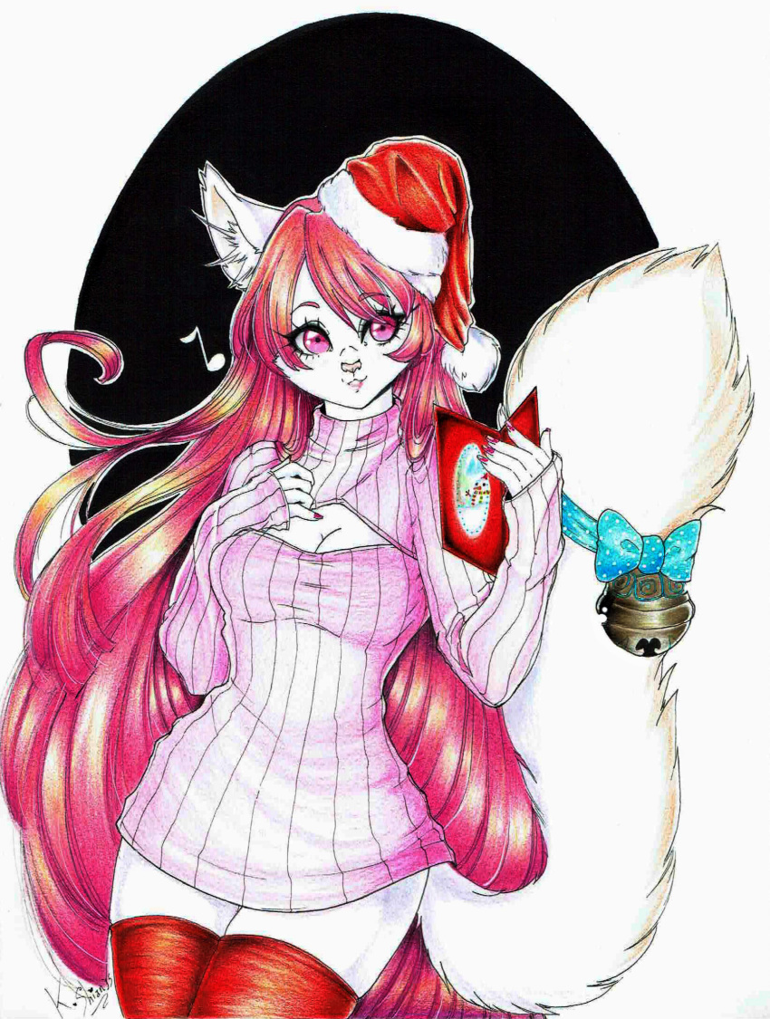 absurd_res anthro artemis_tsukino bell bow breasts cat christmas cleavage_cutout clothing colored_nails eyelashes feline female fluffy fluffy_tail fur hair happy hat hi_res holidays keyhole_turtleneck legwear long_eyelashes long_hair long_tail mammal musical_note pink_eyes pink_hair pink_nose postcard santa_hat shianko smile solo stockings sweater white_fur