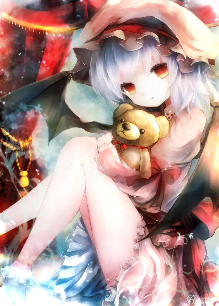 arm_ribbon bare_legs basilis9 bat_wings commentary_request doll_hug dress hat hat_ribbon highres juliet_sleeves long_sleeves looking_at_viewer mob_cap pink_dress puffy_sleeves red_eyes remilia_scarlet ribbon sash silver_hair solo stuffed_animal stuffed_toy teddy_bear touhou wings