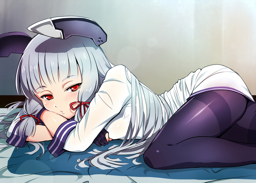 bad_id bad_nicoseiga_id bangs black_legwear blunt_bangs blush breasts dress fingerless_gloves gloves hair_ribbon headgear highres kantai_collection long_hair looking_at_viewer matanonki murakumo_(kantai_collection) pantyhose red_eyes ribbon sailor_dress short_dress silver_hair small_breasts solo thighband_pantyhose