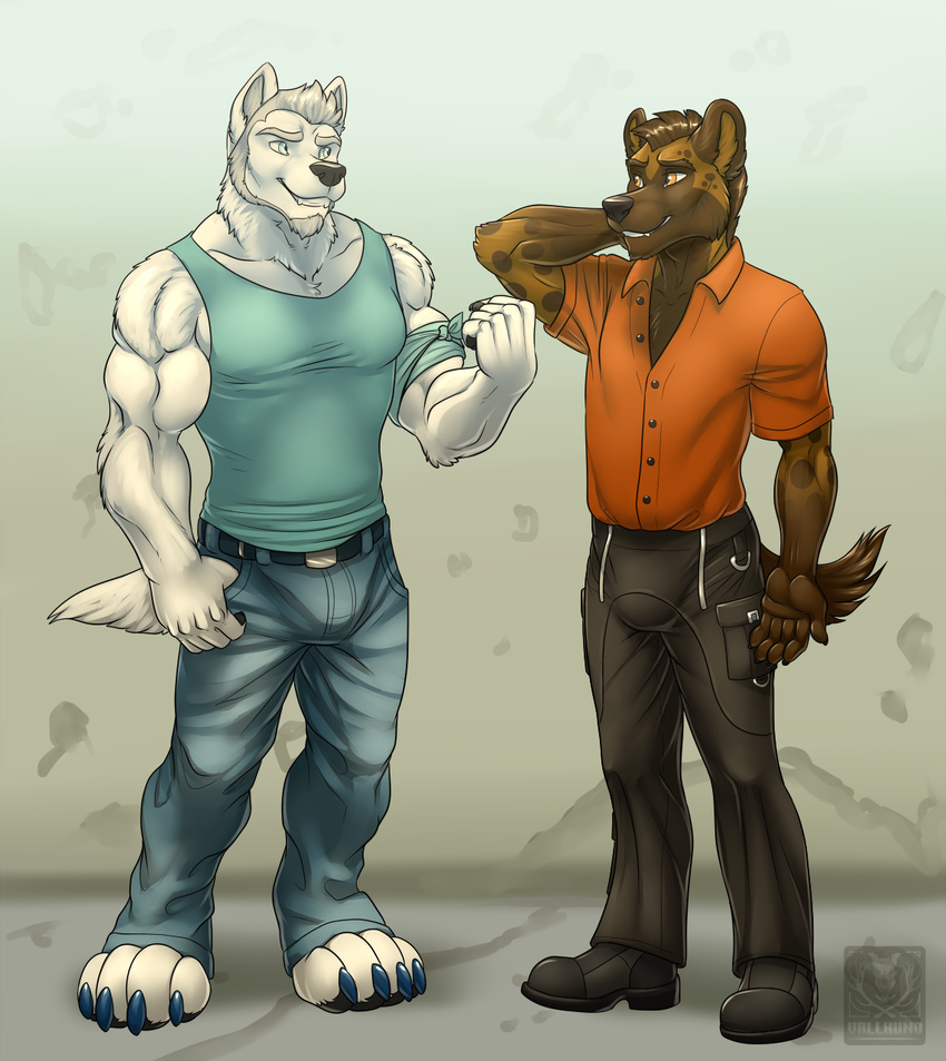 amber_eyes bandanna beard belt bleached_jeans blue_claws blue_eyes body_builder body_hair boots brown_fur brown_hair buddies bulge canine chest_tuft clothing couple dilf facial_hair fathers flexing foot_paws fur gear_(dhalo) grey_fur grey_hair hair hand_behind_head hyena jeans leather_pants male maleness_bulge mammal muscles older paws rei_(jaysilverfox) shirt spots stripped_hyena tan_fur tank_top time_skip tuft vallhund white_fur white_wolf wolf