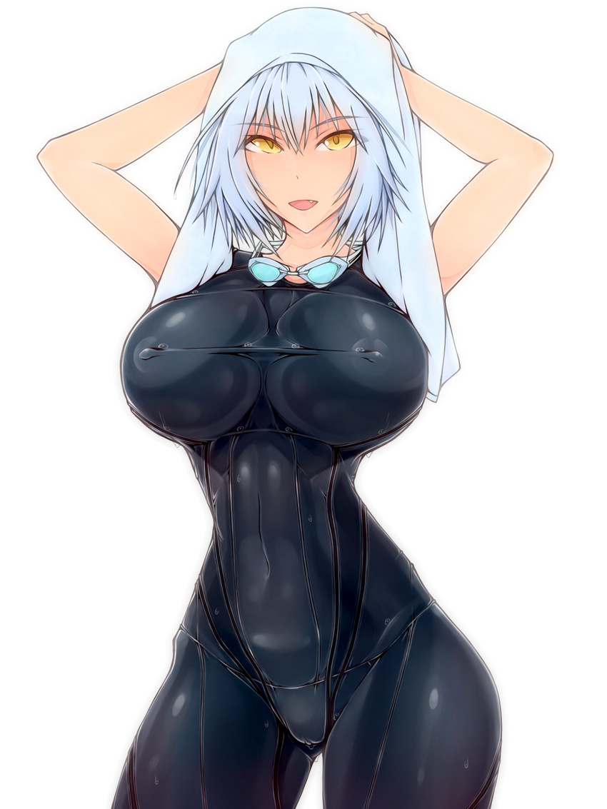 arms_behind_head arms_up bad_id bad_pixiv_id breasts competition_swimsuit covered_navel covered_nipples cowboy_shot fang goggles goggles_around_neck highres ikiteru large_breasts looking_at_viewer one-piece_swimsuit open_mouth original short_hair silver_hair skin_tight swimsuit taut_clothes towel yellow_eyes