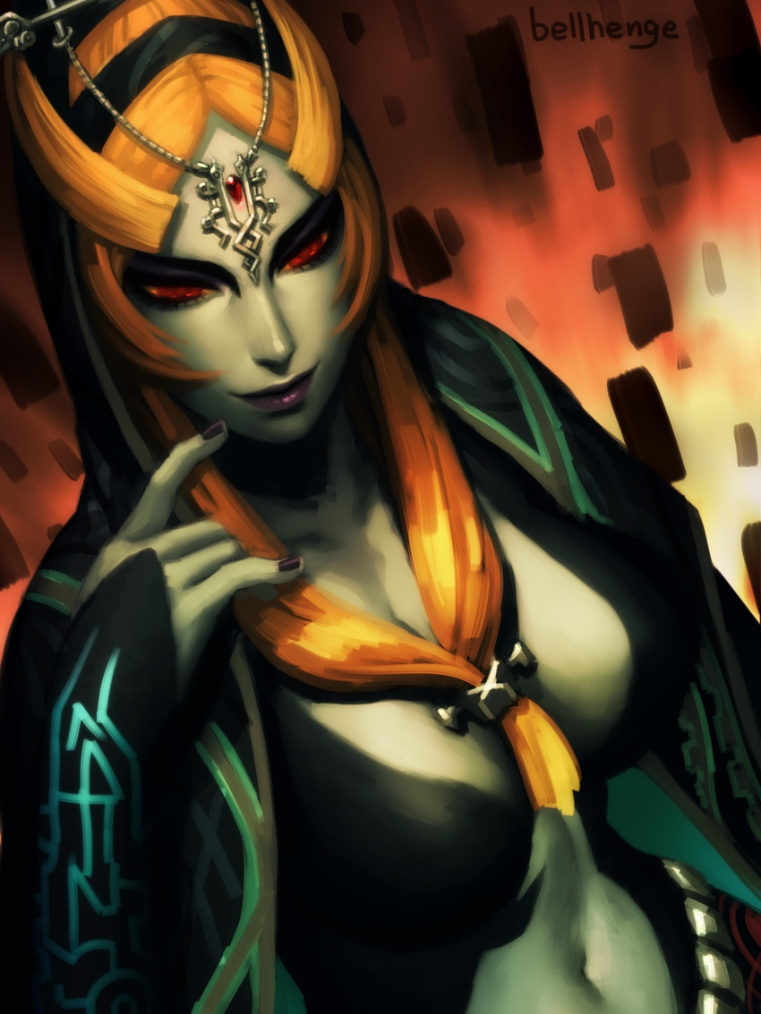 bellhenge blue_skin breasts forehead_jewel front_ponytail highres hood large_breasts lipstick long_hair makeup md5_mismatch midna midna_(true) orange_hair purple_lipstick red_eyes resized solo spoilers the_legend_of_zelda the_legend_of_zelda:_twilight_princess upper_body upscaled yellow_sclera