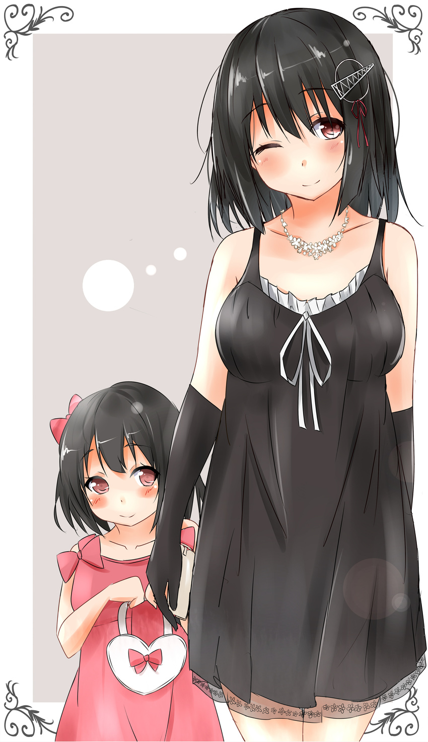 absurdres bag bare_shoulders black_dress black_gloves black_hair blush bow commentary_request dress elbow_gloves gloves haguro_(kantai_collection) hair_bow hair_ornament hairclip handbag heart highres if_they_mated jewelry kantai_collection looking_at_viewer mother_and_daughter multiple_girls necklace one_eye_closed pink_dress red_eyes saku_(kudrove) smile younger