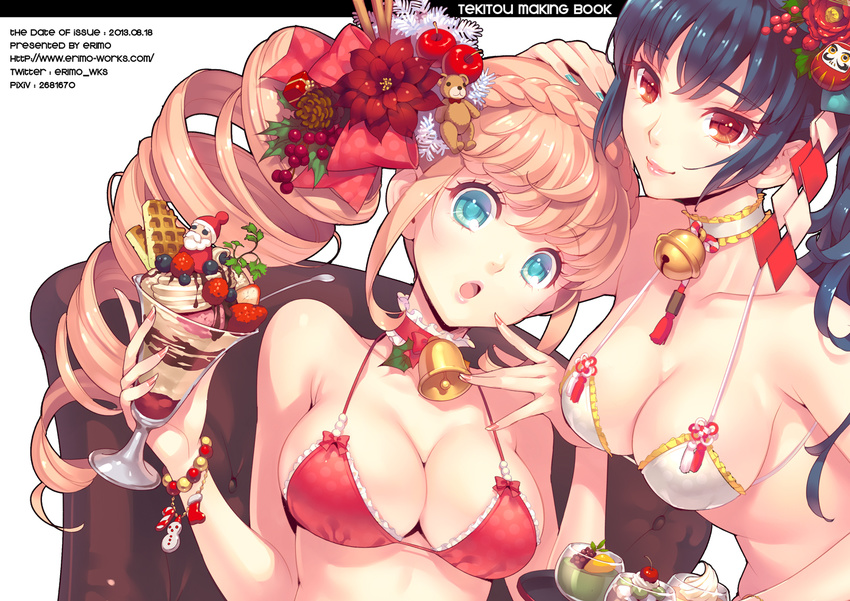 :o bell bell_choker bikini blue_eyes bracelet breasts candy candy_cane chair cherry choker christmas-chan christmas_stocking cleavage collar daruma_doll drill_hair dutch_angle food fruit holding ice_cream jewelry jingle_bell large_breasts long_hair looking_at_viewer multiple_girls nishimura_eri original oshougatsu-chan parfait red_eyes santa_costume simple_background snowman stuffed_animal stuffed_toy swimsuit teddy_bear white_background