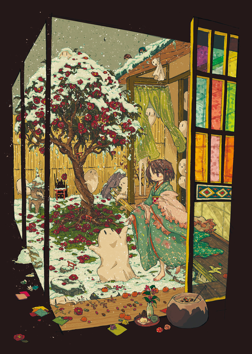 absurdres barefoot blush brown_hair camellia flower food fruit full_body ghost hair_ornament harumushi highres japanese_clothes japanese_house kimono long_sleeves looking_at_another mandarin_orange mini_torii multiple_torii original short_hair snow snowing stone_lantern torii tree wide_sleeves