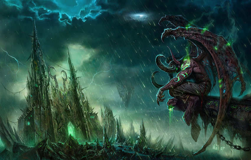 building chain cloud dark green highres illidan_stormrage magic male_focus rain signature solo warcraft water wei wings world_of_warcraft