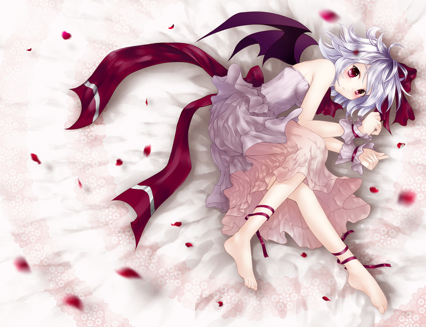 bat_wings bow breasts colorized dacho feet highres leg_ribbon lying n3_(daeraher) red_eyes remilia_scarlet ribbon small_breasts solo touhou wings wrist_cuffs