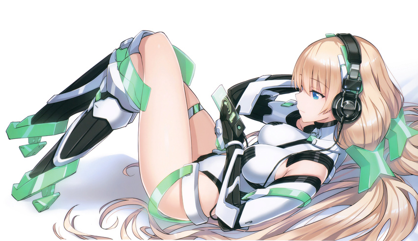 angela_balzac armor bangs bare_shoulders blonde_hair blue_eyes boots breasts crossed_legs digital_media_player elbow_gloves from_side full_body gloves hair_ornament halterneck headgear headphones high_heel_boots high_heels highleg highleg_leotard highres holding impossible_clothes impossible_leotard knee_boots knees_up leotard light_smile long_hair low_twintails lying medium_breasts official_art on_back profile rakuen_tsuihou saitou_masatsugu scan shadow simple_background skin_tight skindentation smile solo thighlet transparent turtleneck twintails very_long_hair white_background