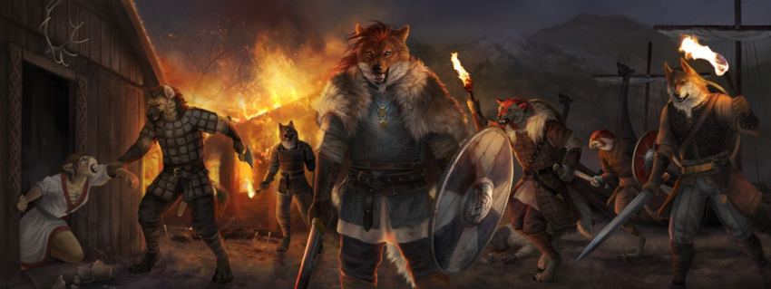 2019 anthro canid canine canis clothed clothing detailed_background digital_media_(artwork) felid female fire fox holding_object holding_weapon hyaenid lion male mammal melee_weapon outside pantherine shield standing sword torch weapon wolf wolnir
