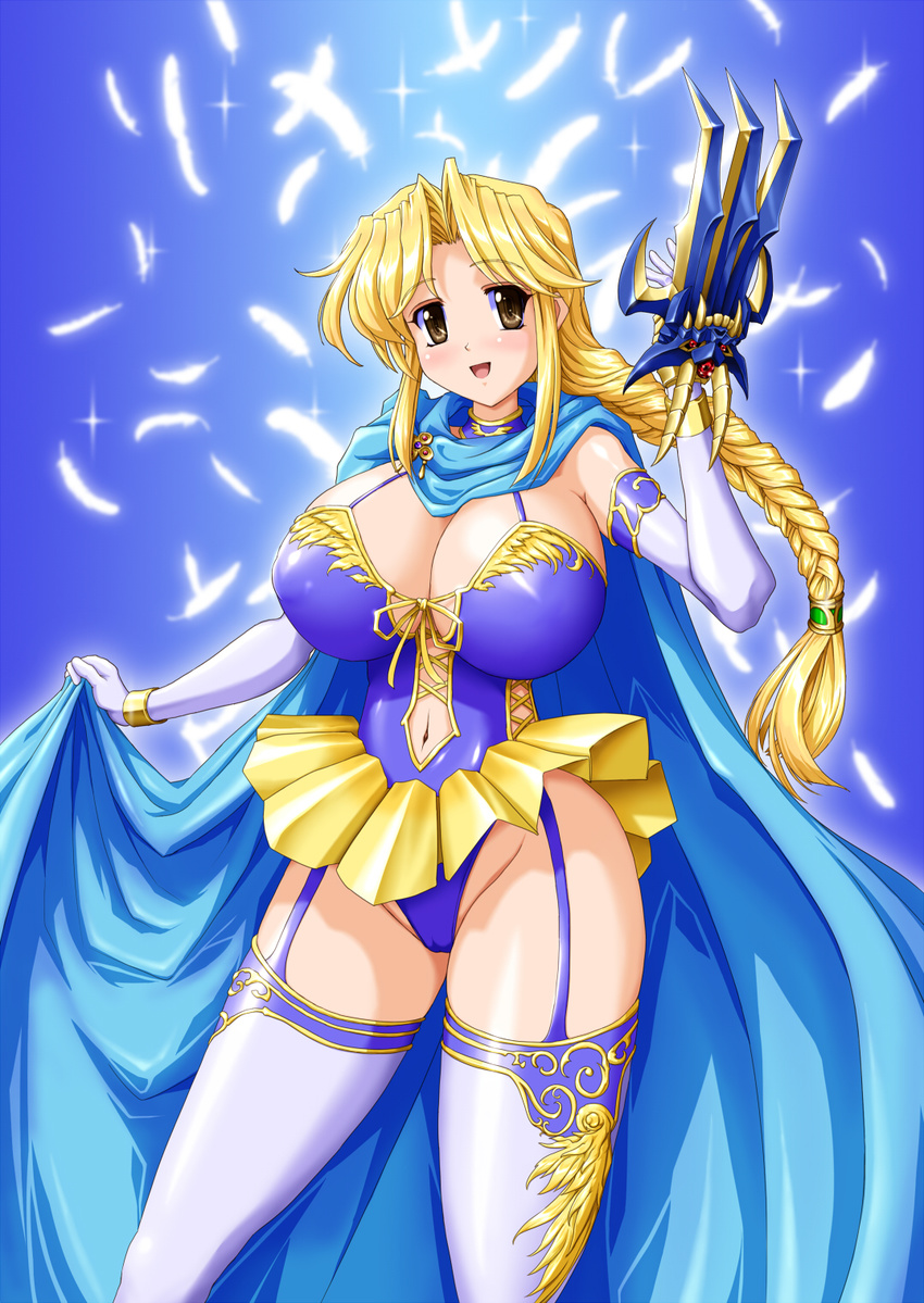 blonde_hair blue blue_background breasts brown_eyes cape character_request claw claw_(weapon) cleavage copyright_request elbow_gloves erect_nipples feathers female garter_straps gloves gradient gradient_background highleg large_breasts looking_at_viewer no_bra open_mouth raochuu revealing_clothes simple_background single_braid smile solo standing thighhighs weapon