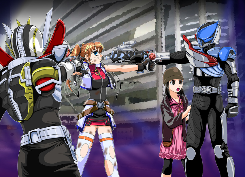 2girls armor belt belt_buckle blue_eyes brown_hair buckle cropped_vest cross_mirage crossover dirty_clothes dual_wielding gon_(kamen_rider_kabuto) gun helmet highres holding kamen_rider kamen_rider_den-o kamen_rider_den-o_(series) kamen_rider_drake kamen_rider_kabuto_(series) leggings lyrical_nanoha magical_girl mahou_shoujo_lyrical_nanoha_strikers mexican_standoff multiple_boys multiple_girls open_clothes open_vest ryutaros socks tarisa teana_lanster thighhighs twintails vest weapon