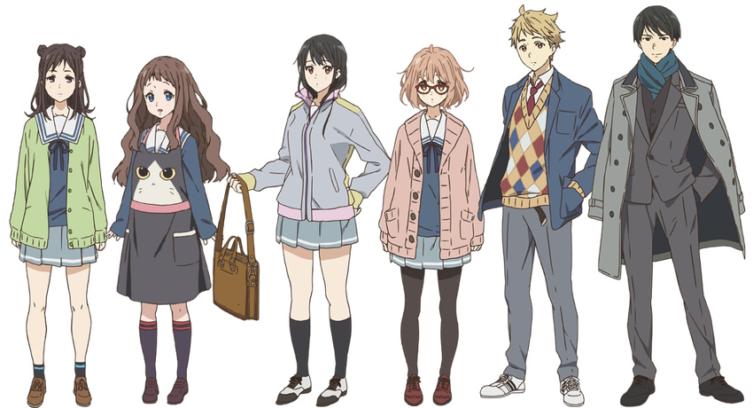 2boys 4girls black_hair black_legwear blue_eyes brown_hair double_bun glasses inami_sakura kanbara_akihito kuriyama_mirai kyoukai_no_kanata long_hair looking_at_viewer multiple_boys multiple_girls nase_hiroomi nase_mitsuki official_art open_mouth red-framed_glasses red_eyes scarf shindou_ai short_hair transparent_background