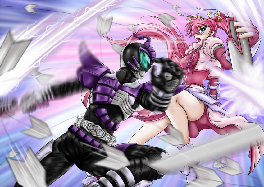 1girl armor battle cropped_jacket crossover epic fighting fingerless_gloves gloves highres jacket kamen_rider kamen_rider_kabuto_(series) kamen_rider_sasword levantine lyrical_nanoha magical_girl mahou_shoujo_lyrical_nanoha mahou_shoujo_lyrical_nanoha_a's open_clothes open_jacket pink_hair ponytail signum tarisa waist_cape whip_sword