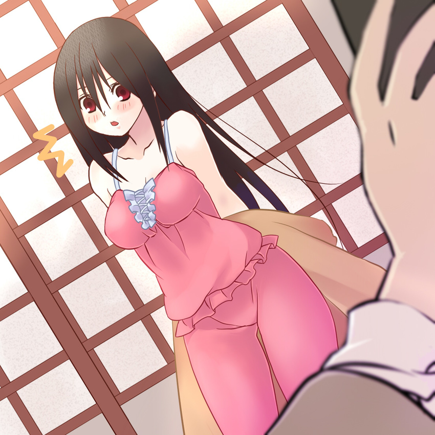 1girl bare_shoulders black_hair blanket blush breasts ekra itoshiki_nozomu komori_kiri large_breasts long_hair pajamas red_eyes sayonara_zetsubou_sensei