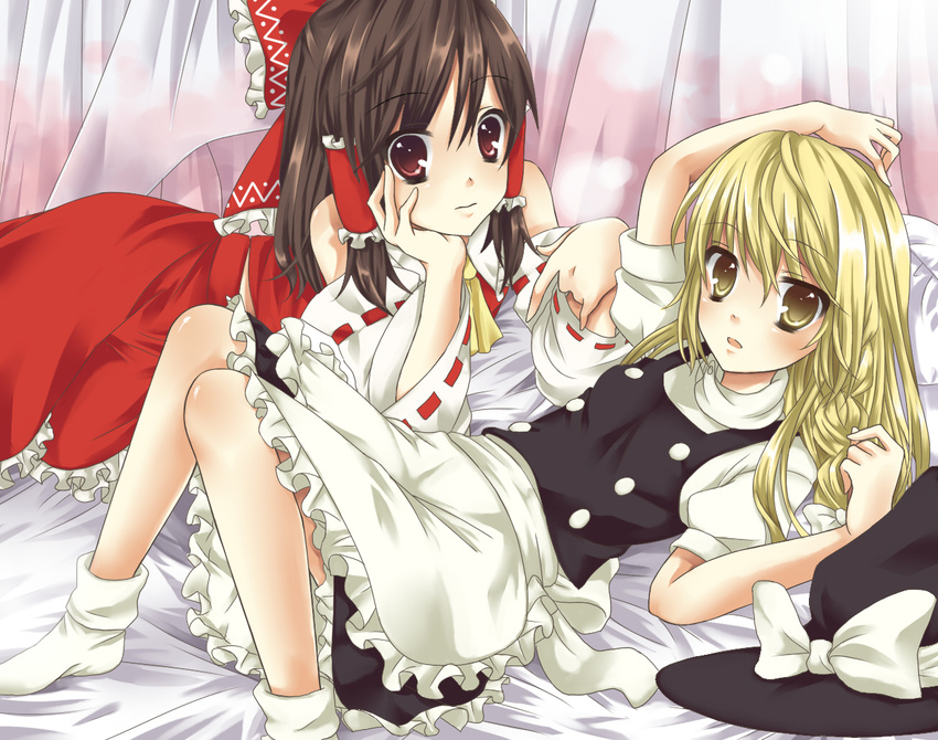 apron bad_id bad_pixiv_id bare_shoulders blonde_hair blush bow braid brown_eyes brown_hair detached_sleeves etou_(cherry7) hakurei_reimu hat kirisame_marisa long_hair lying multiple_girls on_back on_stomach red_eyes ribbon touhou witch_hat yellow_eyes yuri