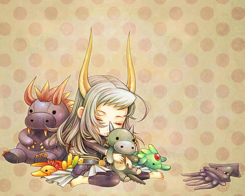 barefoot behemoth bird carbuncle_(final_fantasy) child closed_eyes dissidia_final_fantasy final_fantasy final_fantasy_i horns long_hair male_focus phoenix polka_dot silver_hair stuffed_animal stuffed_toy ujuju warrior_of_light younger