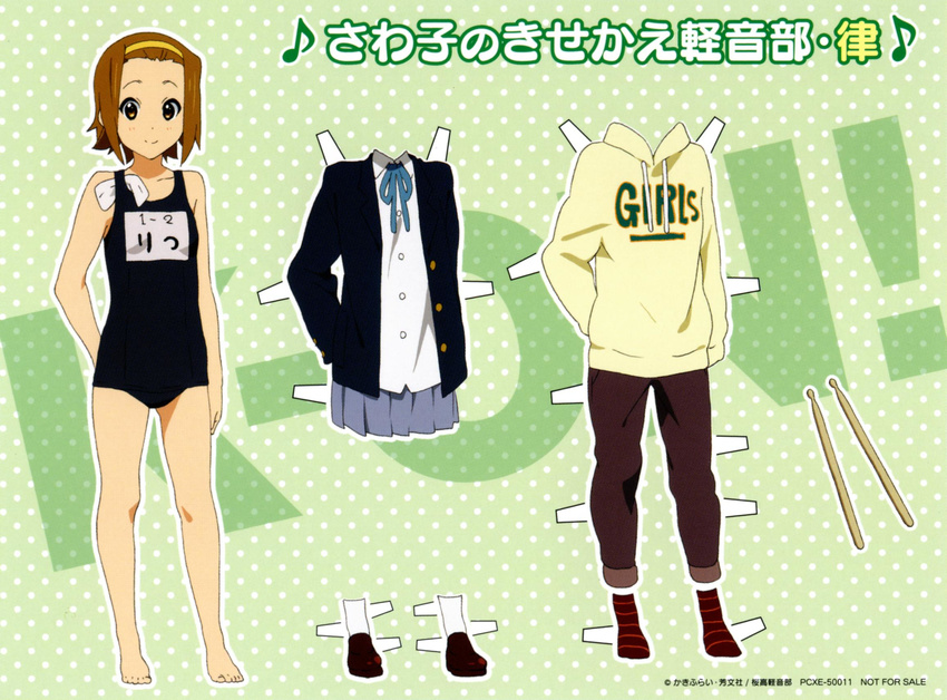artist_request barefoot brown_eyes brown_hair clothes_writing drumsticks hairband highres hood hoodie in_swimsuit k-on! official_art one-piece_swimsuit paper_doll scan school_swimsuit school_uniform short_hair skirt smile socks solo striped striped_legwear sweater swim_cap swim_cap_removed swimsuit tainaka_ritsu