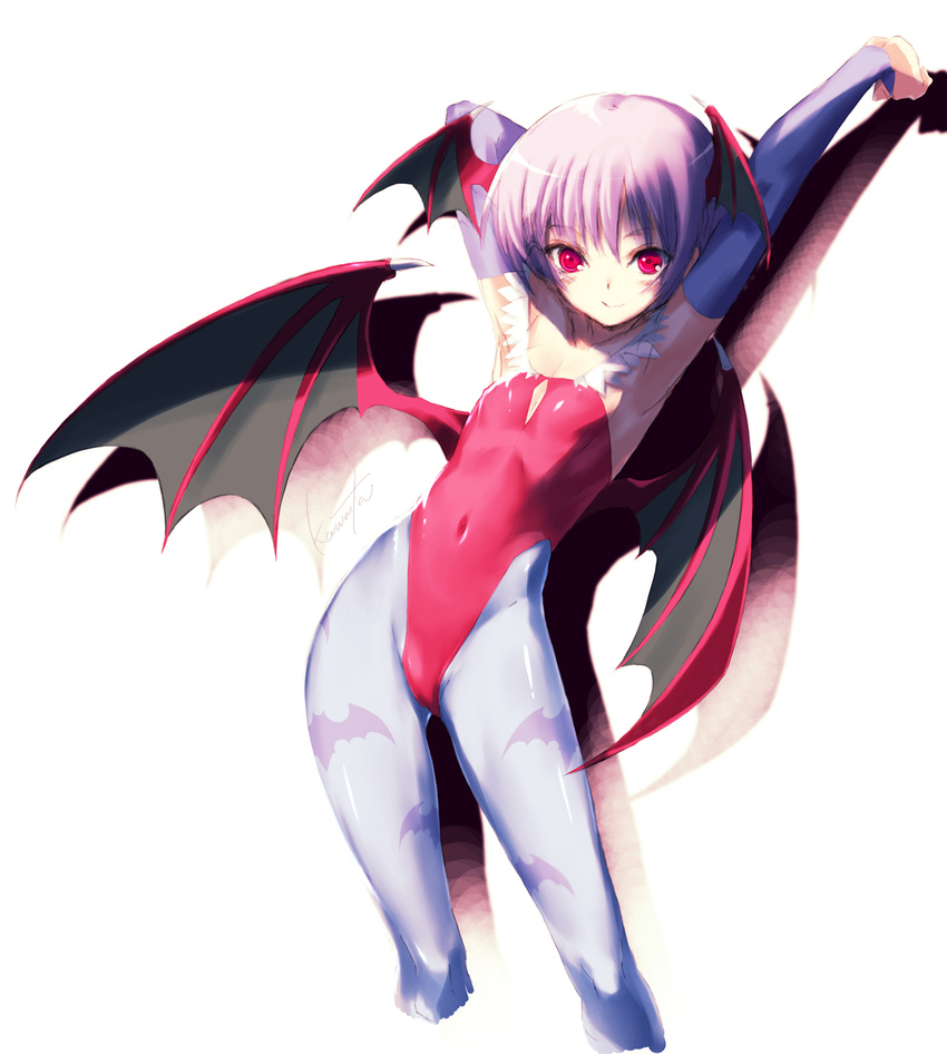 animal_print armpits arms_up bare_shoulders bat_print bat_wings demon_girl elbow_gloves flat_chest gloves head_wings highres kawata_hisashi leotard lilith_aensland pantyhose print_legwear purple_hair red_eyes red_leotard short_hair signature smile solo vampire_(game) wings