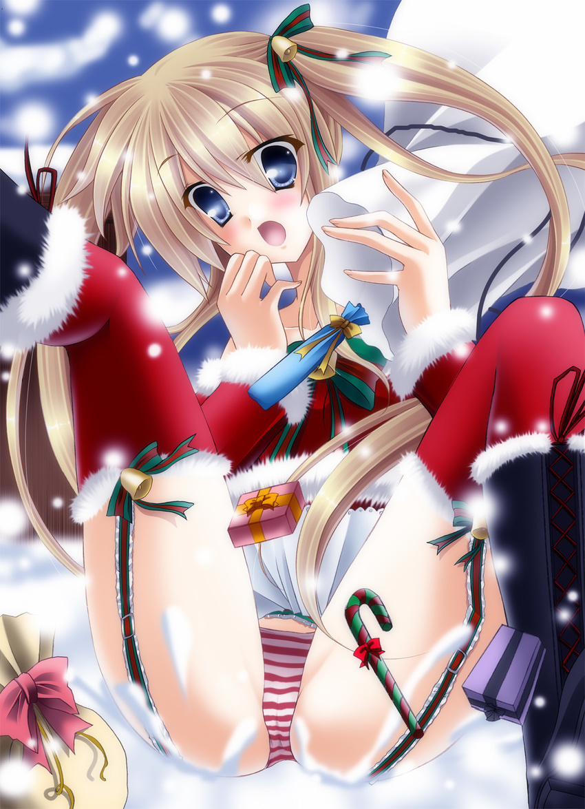 bad_id bad_pixiv_id bag bell blonde_hair blue_eyes blush boots candy candy_cane food garters gift hair_ribbon highres kirihara_natsuki original panties ribbon snow solo striped striped_panties thighhighs twintails underwear