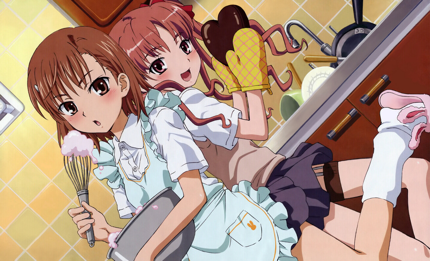 apron blush brown_hair chocolate detexted food heart highres misaka_mikoto multiple_girls nomura_fusako school_uniform shirai_kuroko short_hair smile socks thigh_strap third-party_edit to_aru_majutsu_no_index twintails