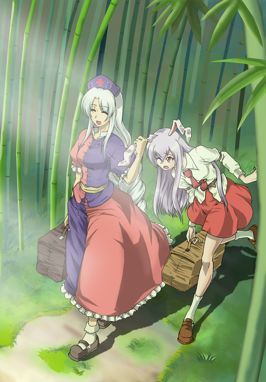 ^_^ absurdres animal_ears bad_id bad_pixiv_id bag bamboo bamboo_forest bobby_socks braid bunny_ears closed_eyes ear_pull forest hat highres long_hair mary_janes moss_(sphere211) multiple_girls nature necktie purple_hair red_eyes reisen_udongein_inaba shoes silver_hair smile socks touhou walking wince yagokoro_eirin