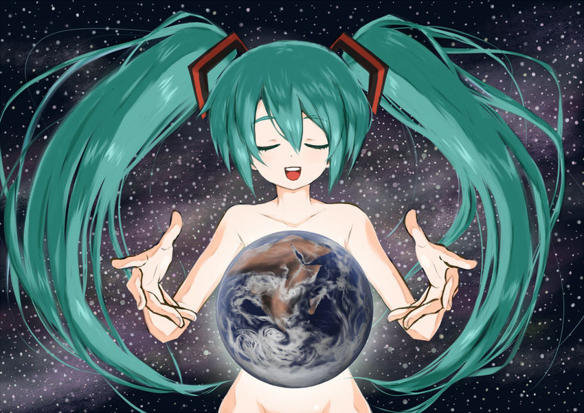 censored closed_eyes convenient_censoring earth green_hair hatsune_miku long_hair nude shuuhei_(shoohey) solo twintails very_long_hair vocaloid