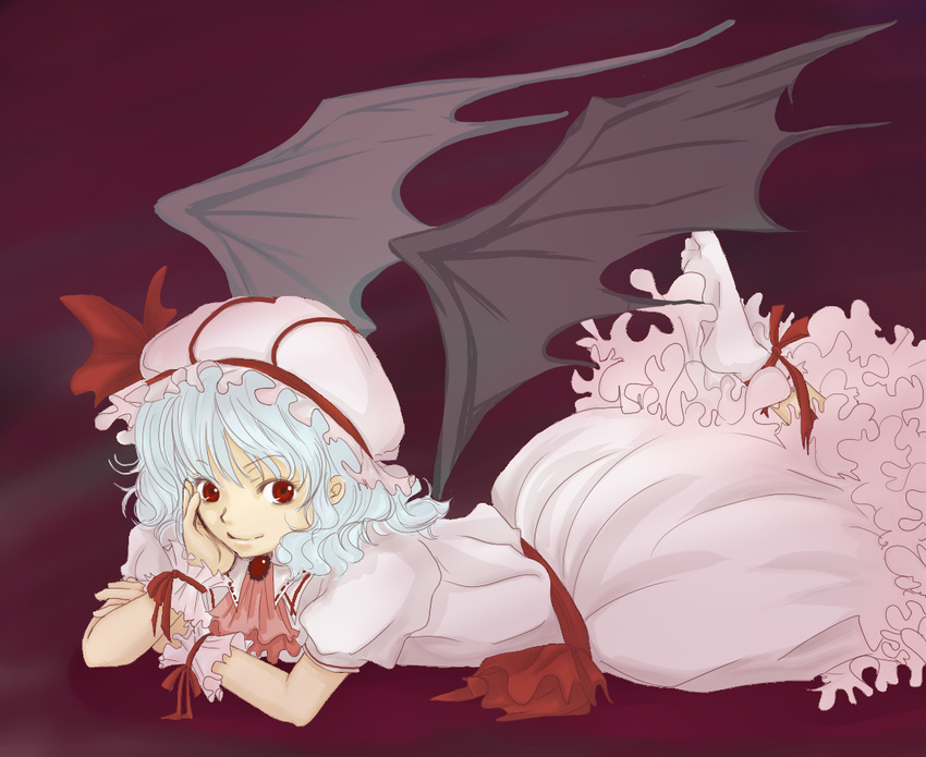 bad_id bad_pixiv_id bat_wings blue_hair chiri hat red_eyes remilia_scarlet short_hair socks solo touhou wings