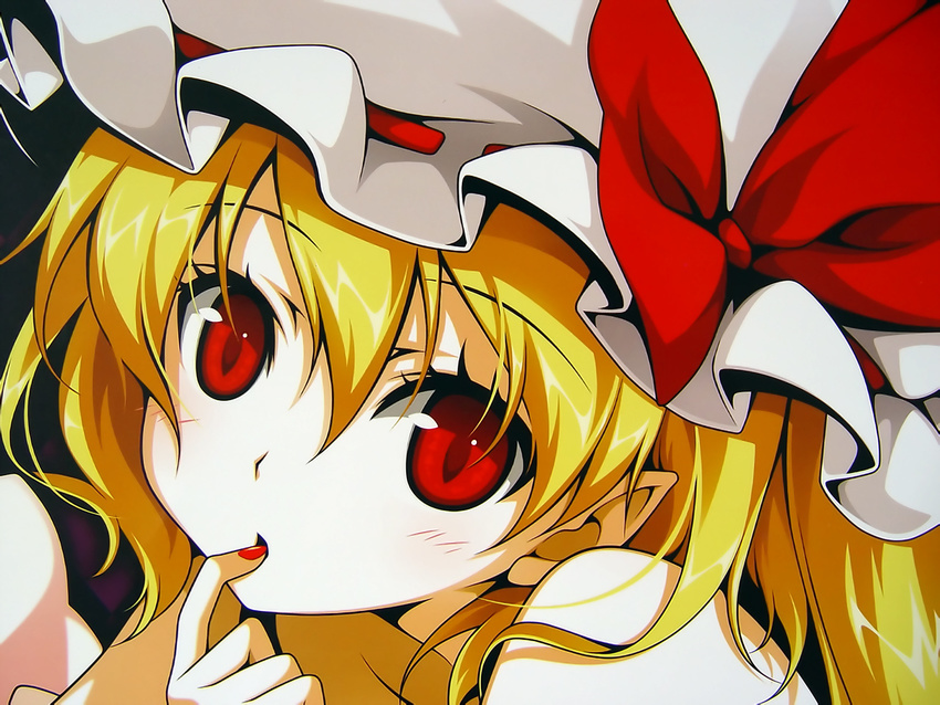 blonde_hair close-up face finger_to_mouth flandre_scarlet hat nail_polish one_side_up red_eyes red_nails reina_(black_spider) solo touhou wallpaper