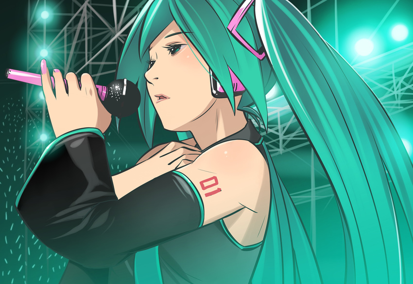 bad_id bad_pixiv_id bare_shoulders detached_sleeves fingernails green_eyes green_hair hands hatsune_miku headphones highres long_fingernails long_hair microphone music nail_polish necktie pink_nails shirt singing solo tattoo twintails very_long_hair vocaloid xr650r