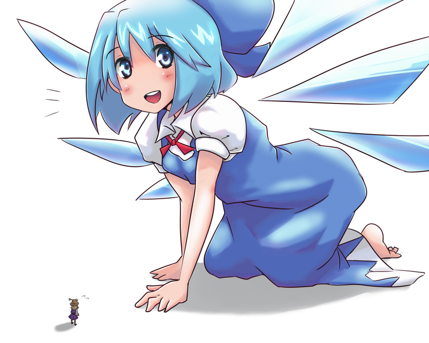 all_fours barefoot blonde_hair blue_eyes blue_hair bow chiwino cirno eyes giantess hat minigirl moriya_suwako multiple_girls no_nose short_hair touhou wings