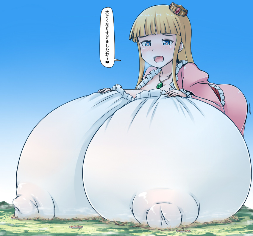 blue_eyes blush breasts crown destruction erect_nipples giantess gigantic_breasts heart heart-shaped_pupils nipples princess symbol-shaped_pupils terada_ochiko translation_request