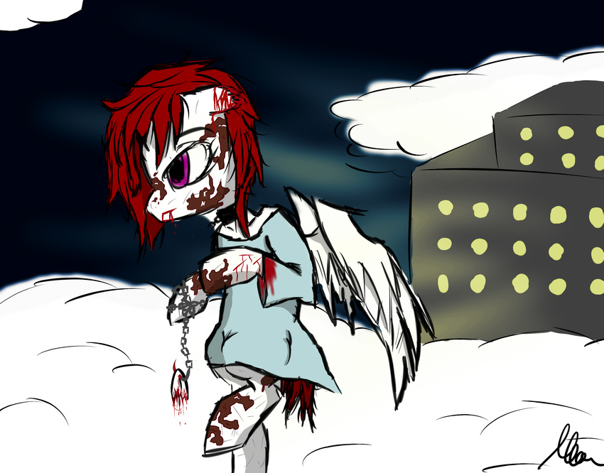 blood burned_skin chain equine fan_character female flee heaven horse hospital mammal move my_little_pony night pegasi wings