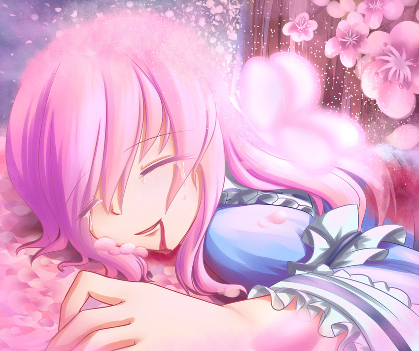 blood blood_from_mouth bloody_clothes cherry_blossoms closed_eyes crying death dior-zi highres japanese_clothes kimono light_particles lying on_stomach open_mouth parted_lips petals saigyouji_yuyuko saigyouji_yuyuko_(living) smile solo suicide tears touhou tree