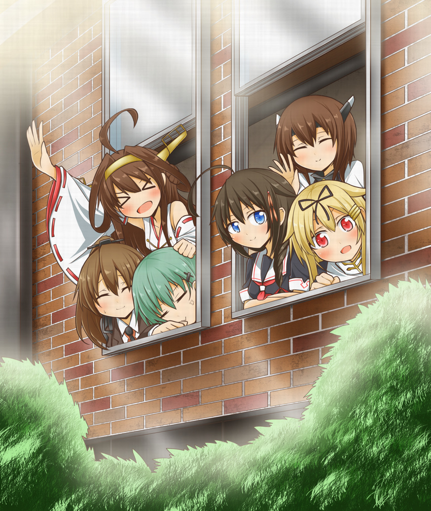 &gt;_&lt; :&gt; :d ^_^ ahoge anger_vein aqua_hair arm_support arm_up black_serafuku blonde_hair blue_eyes brick_wall brown_hair bush closed_eyes detached_sleeves from_outside glass green_hair hair_ornament hairclip headband highres kantai_collection kongou_(kantai_collection) kumano_(kantai_collection) looking_at_viewer multiple_girls neckerchief nontraditional_miko open_mouth plant ponytail red_eyes remodel_(kantai_collection) school_uniform serafuku shigure_(kantai_collection) smile suzuya_(kantai_collection) taihou_(kantai_collection) through_window wataru_(nextlevel) waving window xd yuudachi_(kantai_collection)