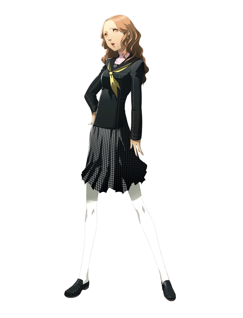 absurdres black_serafuku brown_eyes brown_hair curly_hair earrings ebihara_ai highres jewelry official_art pantyhose persona persona_4 school_uniform serafuku simple_background skirt soejima_shigenori solo white_background white_legwear