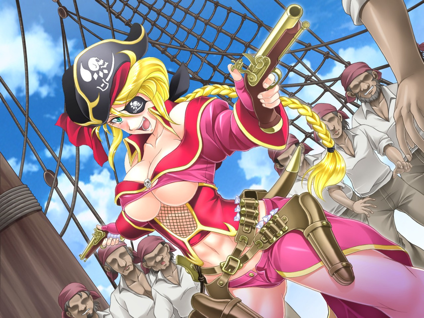 antique_firearm arkham bandanna beard blonde_hair blue_eyes blush braid breasts cloud clouds eyepatch facial_hair firelock flintlock game_cg hair_ribbon highres holster large_breasts legs long_hair looking_at_viewer navel onna_kaizoku_queen_barbarigo open_mouth pirate ribbon ship single_braid sky standing sue-markii thighs weapon