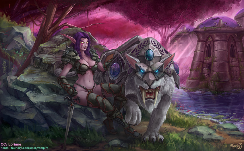 anthro armor blood_elf elf glowing glowing_eyes hair half_naked pointy_ears purple_hair sword vempire video_games warcraft weapon world_of_warcraft