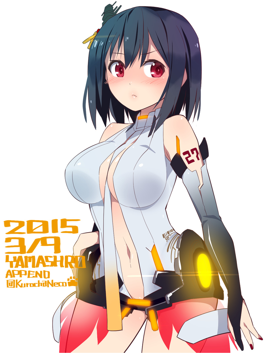 bare_shoulders black_hair blush breasts bridal_gauntlets cosplay dated elbow_gloves fujita_saki gloves hair_ornament hatsune_miku hatsune_miku_(append) hatsune_miku_(append)_(cosplay) highres kantai_collection kuro_chairo_no_neko large_breasts looking_at_viewer navel necktie red_eyes seiyuu_connection short_hair solo twitter_username vocaloid vocaloid_append yamashiro_(kantai_collection)