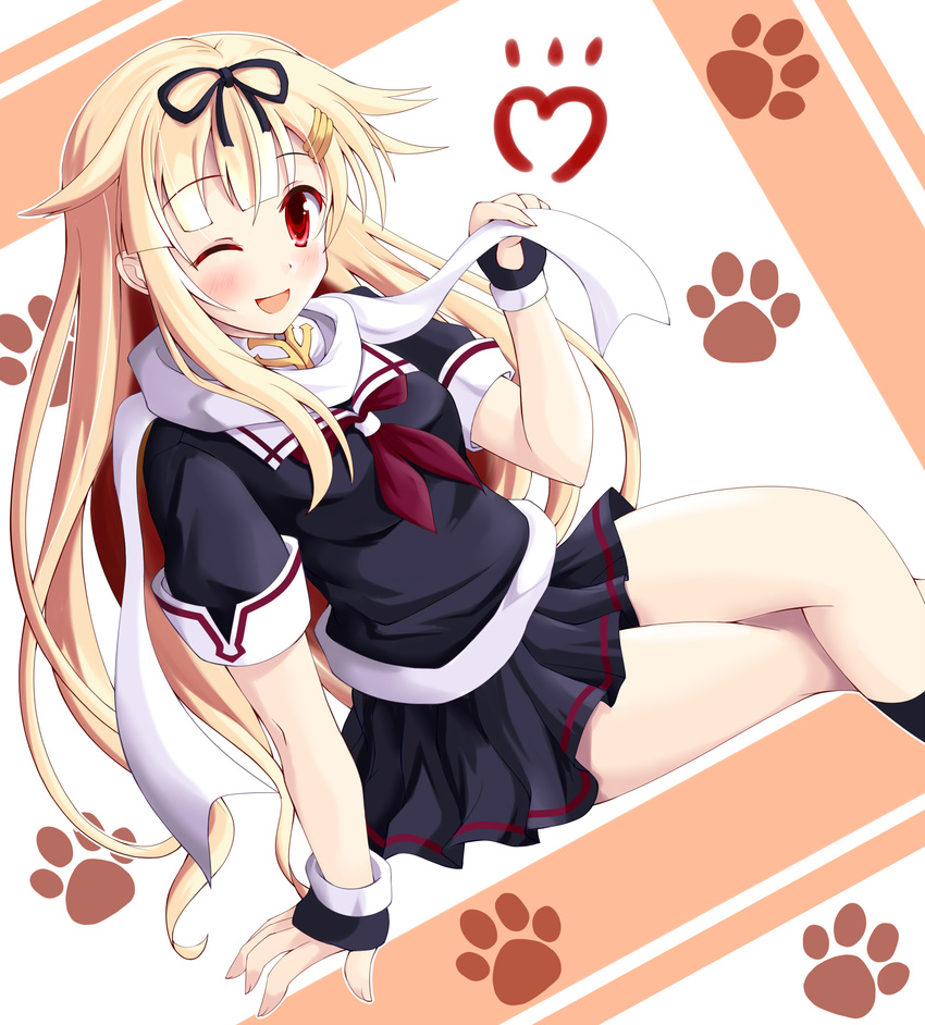 ;d blonde_hair crossed_legs hair_flaps hair_ornament hair_ribbon hairclip highres hiiragi_tomoka kantai_collection long_hair looking_at_viewer one_eye_closed open_mouth paw_print red_eyes remodel_(kantai_collection) ribbon scarf school_uniform serafuku skirt smile solo yuudachi_(kantai_collection)