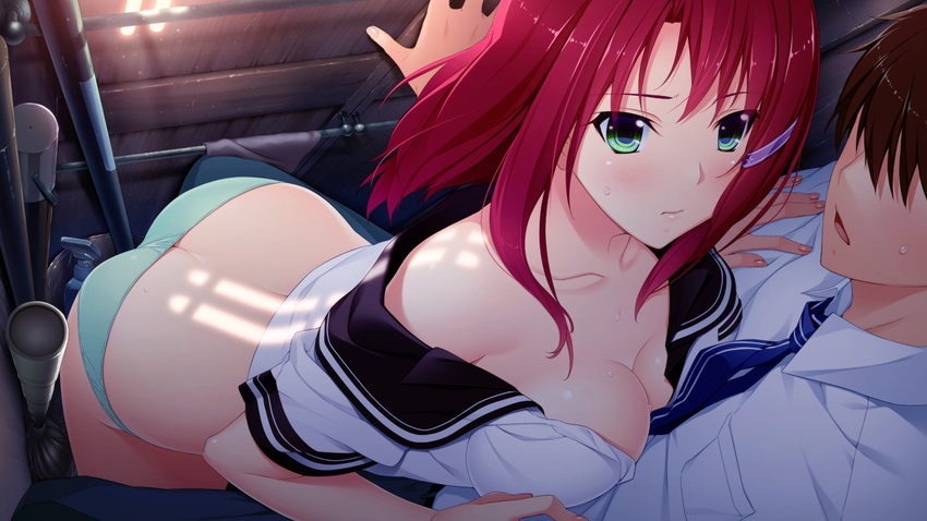 1boy 1girl ass blue_panties blush breast_on_chest breast_press breasts brown_hair butt_crack cleavage faceless faceless_male from_above game_cg green_eyes green_panties hoshi_ori_yume_mirai iizuki_tasuku no_bra no_pants off_shoulder panties red_hair school_uniform sweat underwear undressing yukimura_touk